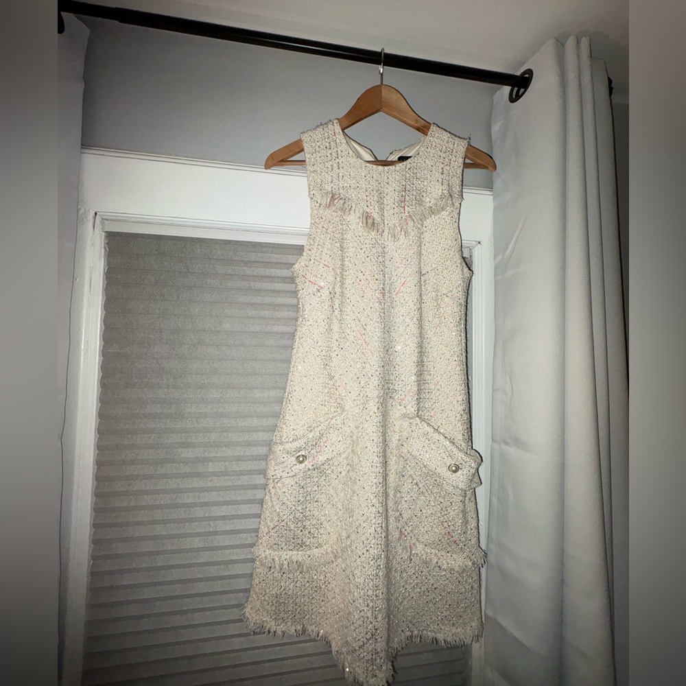 Cream Tweed Sleeveless Shift Dress with Fringe Trim - Picture 4 of 4